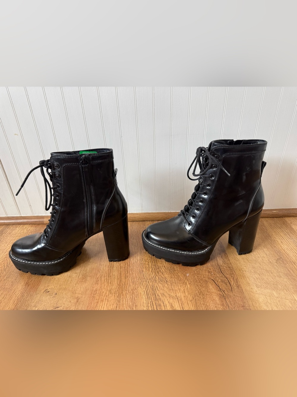 Bershka Black Leather High Block Heel Combat Boots size 8.5 - Picture 2 of 9